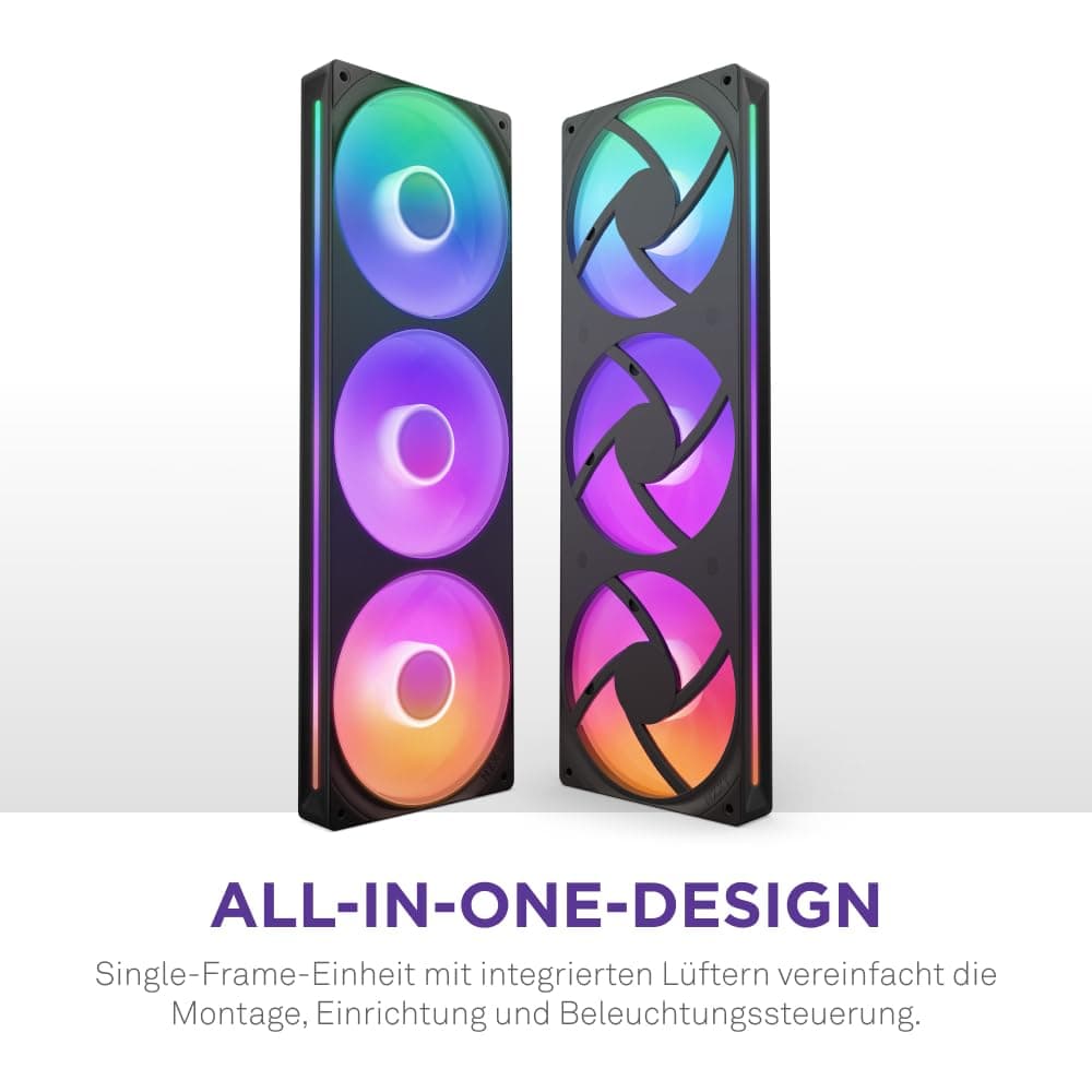 NZXT F360 RGB Core - 360 mm Einzelrahmen-Lüftereinheit mit 3 x 120 mm RGB-Lüftern - Drehzahl- und Beleuchtungssteuerung - Hoher statischer Druck und Luftstrom - 8 aRGB-LEDs pro Lüfter - Schwarz Schwarz 360mm Bild 4