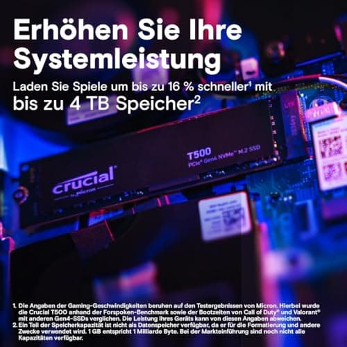 Crucial T500 SSD 1TB PCIe Gen4 NVMe M.2 Interne Festplatte, bis 7300 MB/s, TLC NAND, kompatibel mit Laptop und Desktop, Microsoft DirectStorage - CT1000T500SSD8 Bild 3