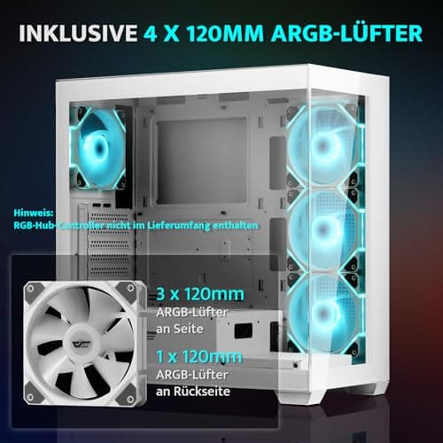darkFlash ATX Mid-Tower PC-Gehäuse, vorinstallierte 4 PWM ARGB-Lüfter, Gaming-PC-Gehäuse mit doppelter Sichtscheibe gehärtetem Glas, Typ-C, unterstützt Wasserkühlungsradiatoren 360mm, Weiß (DS900) Weiß(4 ARGB PWM Lüfter) Bild 8