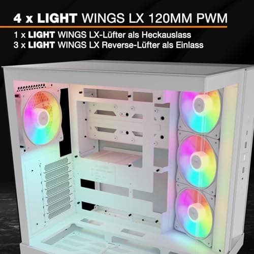 be quiet! Light Base 500 LX White PC-Gehäuse, vollständig verglaste Front- und Seitenpaneele, Show Case, Dual Chamber Design, ARGB-Lüfter-Hub, 4 Light Wings LX PWM-Lüfter rückseitiges Anschlussdesign Bild 8