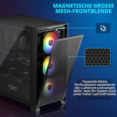 darkFlash ATX Mid-Tower Gaming-PC-Gehäuse, vorinstallierte 3x120mm RGB-Lüfter, abnehmbare große Mesh-Frontblende, USB 3.0-fähig, Seitenwand aus gehärtetem Glas für optimale Belüftung, Schwarz (DRX70) Bild 5