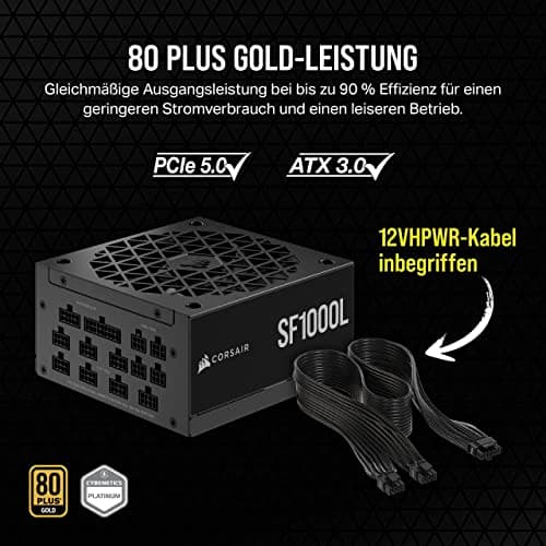 Corsair SF1000L Vollmodulares, Geräuscharmes SFX-Netzteil - ATX 3.1- Und PCIe 5.1-Kompatibel - Leiser 120-mm-PWM-Lüfter - 80 PLUS Gold-Effizienz - Null-Drehzahl-Modus - 105°C-Kondensatoren - Schwarz 1000 Watts Bild 6