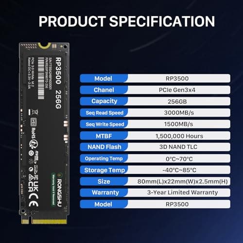 256GB NVMe SSD M.2 PCIe Gen 3×4, 3.000 MB/s Lesen, 1500MB/s Schreiben, M.2 2280 Internes Soild State Drive, SLC Cache 3D NAND TLC Kompatibel mit Laptop und PC Desktops (RP3500) Bild 8