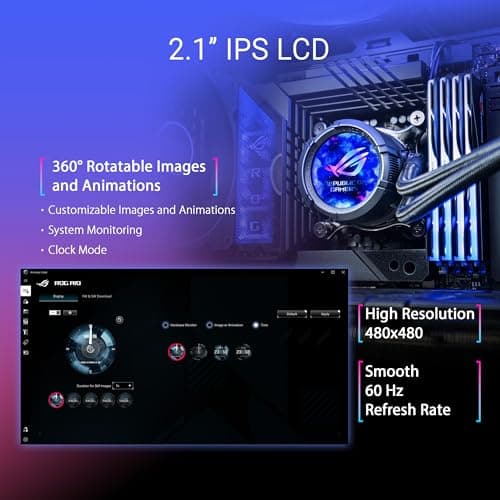 ASUS ROG Strix LC III ARGB LCD All-in-One Flüssig-CPU-Wasserkühlung (2,1 Zoll IPS-LCD Display, Aseteks Gen7 v2 Pumpe, 3X ROG ARGB-Lüfter, 2200 RPM, 3.92mm H2O, 70,38 CFM, 0dB Technologie, schwarz) Bild 4