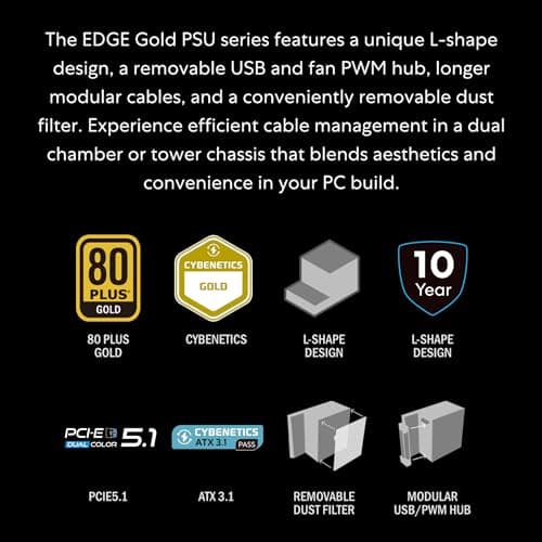 Lian Li Edge Series-750W Full Modular Power Supply-Gold-ATX 3.1-PCIE 5.1-L-Form Design für Dual Chamer Gehäuse - Ohne USB/Fan Hub - Weiß (EG0750G.B) 750W Gold ATX Black Bild 8