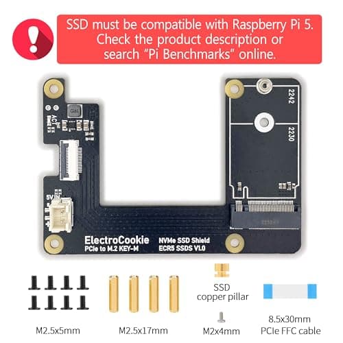 ELECTROCOOKIE PCIe auf M.2 NVMe SSD HAT Board für Raspberry Pi 5 - Aluminium, unterstützt Key-M 2230 & 2242 SSD Größen Bild 4