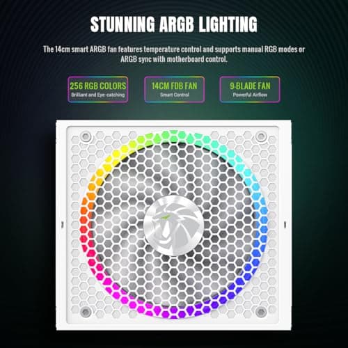 GAMEMAX RGB 750G WH Netzteil PC 750W Vollmodulares, 80 Plus Gold, LLC+DC‑DC, ARGB Sync, Japanische Kondensatoren, 140mm ARGB FDB Lüfter, 9 Schutzfunktionen, 10 Jahre Garantie 750W Weiß Bild 6