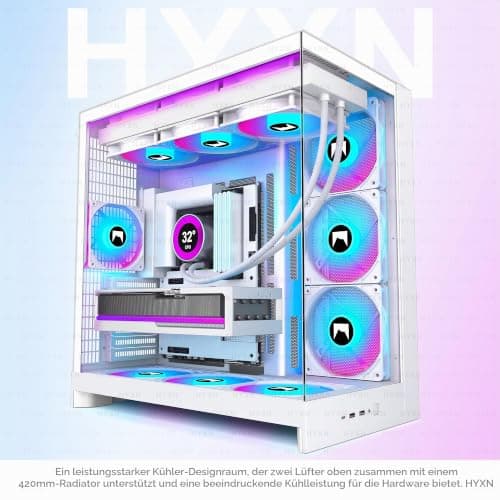 H2(2026) HYXN PC Gehäuse ATX mit 8 Lüfter(6X140 und 2X120) Groß Dual Kammer Mid-Tower Computer Gehäuse Airflow Gaming PC-Gehäuse,Unterstützt 420mm-Wasserkühler,Gaming Gehäuse (Weiß, H2) Weiß H2 Bild 4