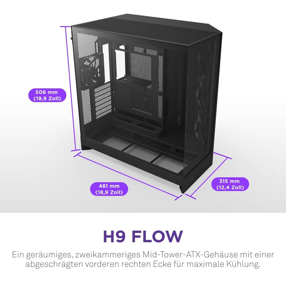 NZXT H9 Flow (2025) – Großes Dual-Kammer ATX Mid-Tower Airflow PC-Gehäuse – Enthält 3 x 140mm & 1 x 120mm Lüfter – 420mm Radiatorunterstützung – Gehärtetes Glas – Back-Connect bereit – Schwarz Schwarz Flow Bild 3
