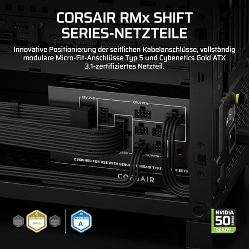 CORSAIR RM850x Shift (2025) Vollmodulares ATX-Netzteil – Modulare Seitenschnittstelle, 12-V-2x6-Kabel, ATX 3.1 und PCIe 5.1, Lüftergeschwindigkeit, 105°C-Kondensatoren, Cybenetics Gold – Schwarz 850w Bild 3