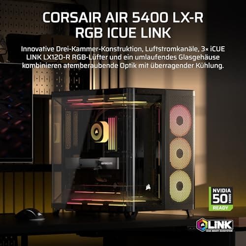 CORSAIR AIR 5400 LX-R RGB iCUE LINK Mid-Tower PC-Gehäuse – Schwarz | Dreifach-Kammer, 3x Vorinstallierte Reverse-Rotor LX-R RGB-Lüfter, Reverse Motherboard-Unterstützung Bild 4