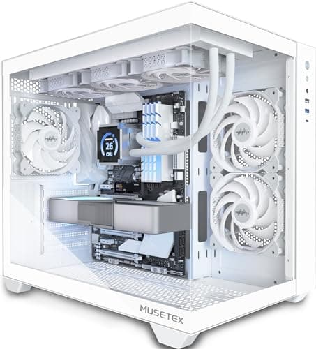 MUSETEX PC Gehäuse ATX,360MM Rad-Unterstützung, Typ-C Gaming PC CASE, 270° Full View Tempered Glass Mid Tower PC-Gehäuse 3 Non-LED-Lüfter vorinstalliert,reinweißes ATX Computer Gehäuse, Y6 42T x 29,5B x 36,8H cm Bild 2