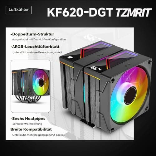 TZMRIT KF620 DGT ARGB CPU Kühler Mit Temperaturanzeige Display,265W TDP,für Intel LGA 1700/1200/115X/1851/1366/2011, für AMD AM4/AM5 (KF620 BK) Black Bild 4