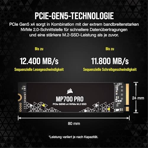 Corsair MP700 PRO 4TB M.2 PCIe Gen5 x4 NVMe 2.0 SSD - M.2 2280 - Bis zu 12.400MB/sec Sequentielles Lesen - High-Density TLC NAND - Schwarz SSD 4TB Bild 6
