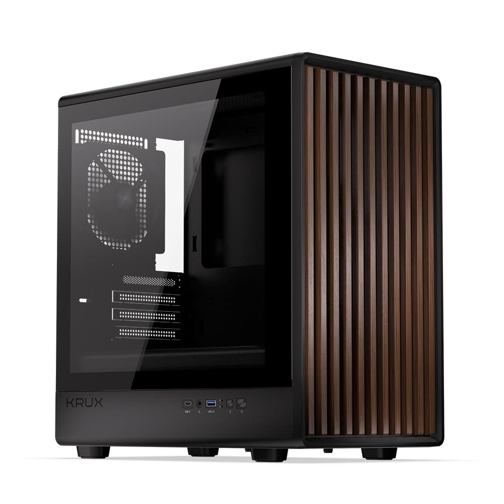 KRUX Helio, microATX Mini ITX Gehäuse, Echtholz Design, Glasfenster, 120mm PWM Lüfter, USB-C, USB 3.0, GPU bis 320mm, CPU bis 175mm, Staubfilter, Schwarz mit Holz-Front