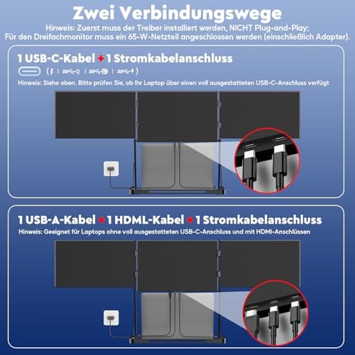 HONGO Laptop Bildschirm Erweiterung, 15.6" Triple Portable Monitor, 1080P FHD IPS Portable 3 Monitor, Laptop Screen Extender, Kompatibel mit Wins/Mac Laptops (Nur 2 Kabel für 3 Bildschirme) Triple 15,6 zoll Schwarz Bild 8