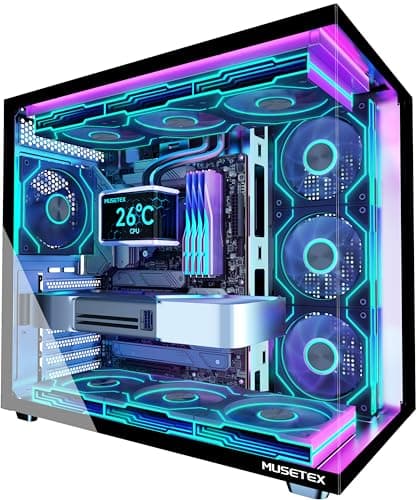 MUSETEX Y6 PC Gehäuse Vorinstallation 7 Infinity Mirror PWM ARGB-Lüfter, ATX Mid Tower Computer Gehäuse, Gaming PC Gehäuse mit Type-C, 270° Full View Tempered Glass, Schwarz 42,5T x 27,5B x 39,8H cm Bild 2