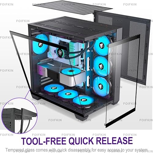 FOIFKIN F300 PC Gehäuse ATX mit 7 PWM ARGB Lüfter,Hoher Luftstrom Mid-Tower Computer Gehäuse,Gaming PC-Gehäuse Big Tower,ATX Gehäuse,mit Type-C,360mm Rad Computergehäuse (Schwarz, F300) Schwarz-1 F300 Bild 4