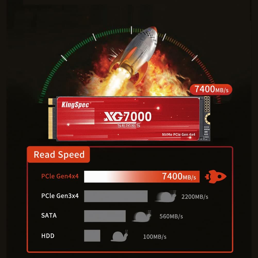 KingSpec XG7000 2TB SSD NVMe M.2, 2280 SSD PCIe 4.0 Gen 4x4, Unglaubliche Lese-/Schreibgeschwindigkeit bis zu 7400/6600 MB/s, Interne M2 PCIe SSD Kompatibel mit Gaming Konsole/Desktop/Gaming Laptop Bild 4