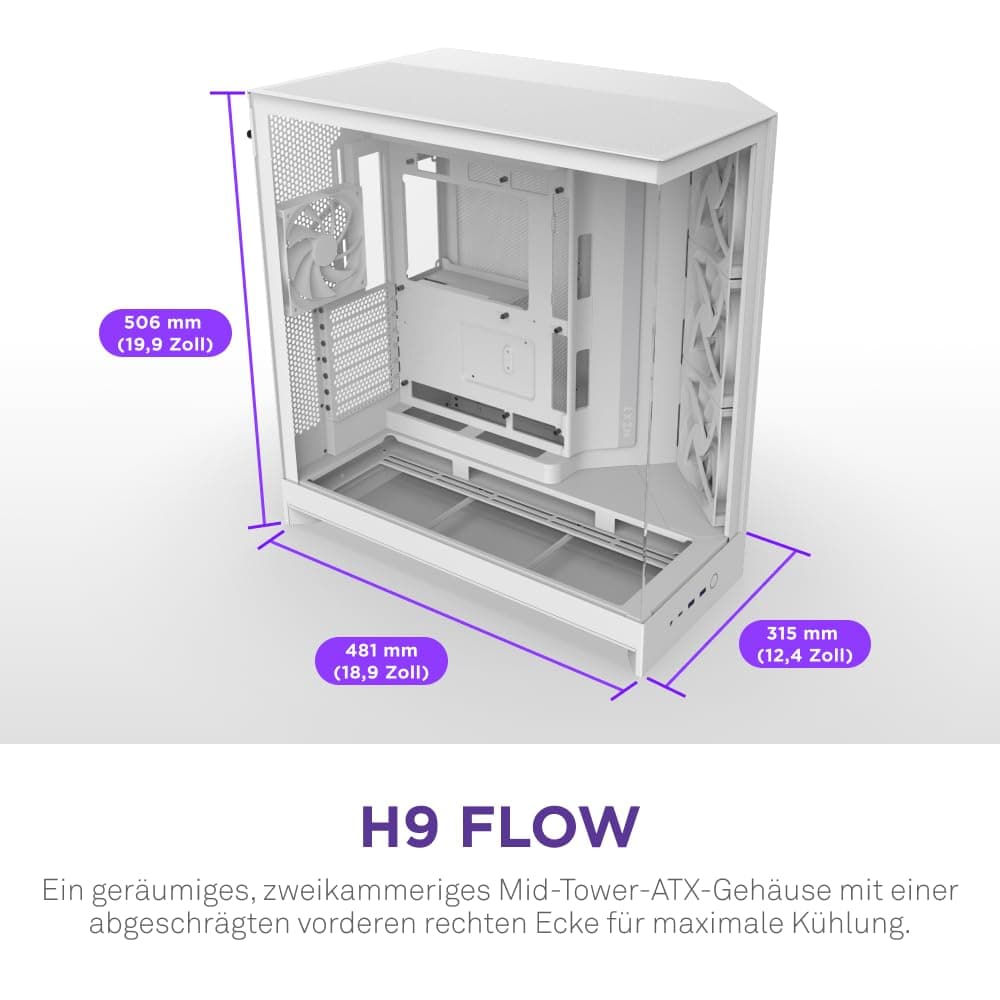 NZXT H9 Flow (2025) – Großes Dual-Kammer ATX Mid-Tower Airflow PC-Gehäuse – Enthält 3 x 140mm & 1 x 120mm Lüfter – 420mm Radiatorunterstützung – Gehärtetes Glas – Back-Connect bereit – Weiß Weiß Flow Bild 3