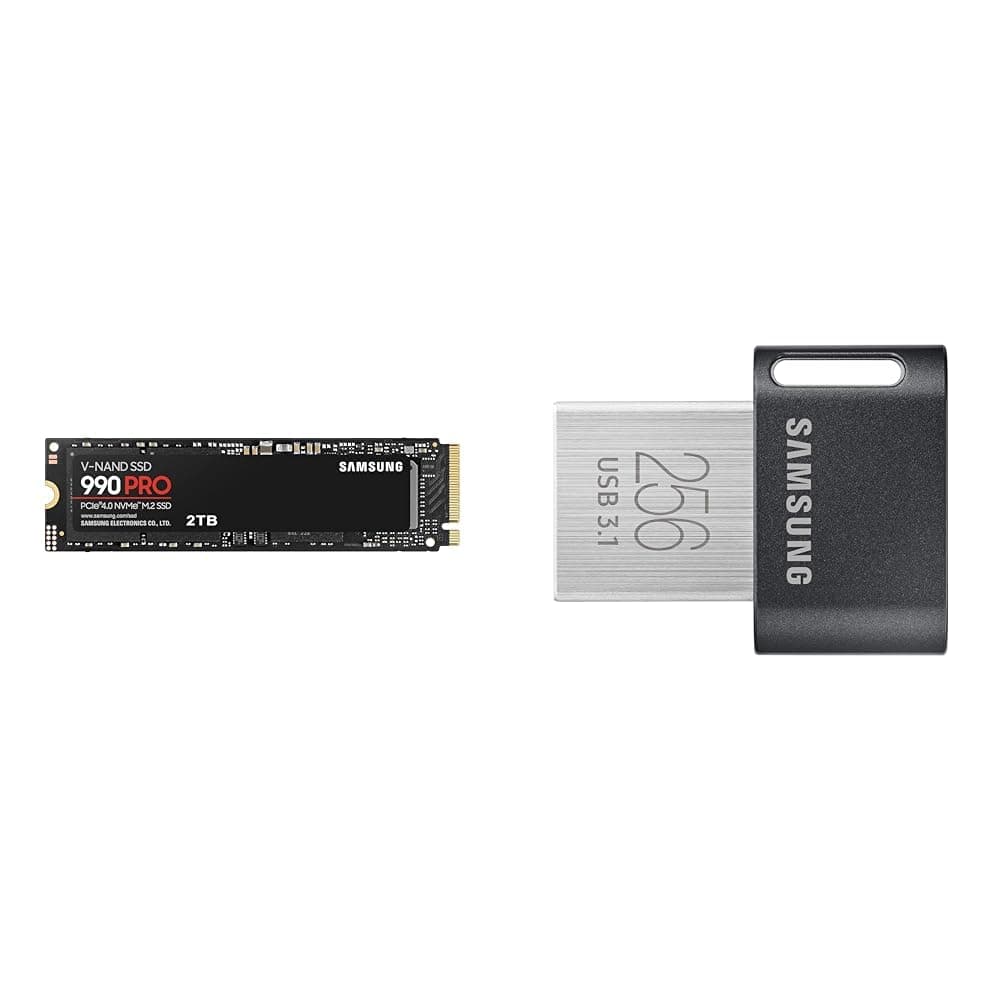Samsung 990 PRO NVMe M.2 SSD, 2 TB, PCIe 4.0, 7.450 MB/s Lesen & FIT Plus USB-Stick Typ-A, 256 GB, 400 MB/s Lesen