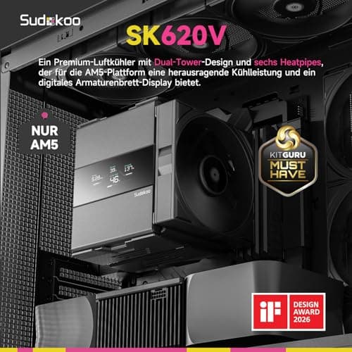 Sudokoo SK620V CPU Kühler : AM5 Exklusiv, CPU Cooler mit Digital Display, Prozessorlüfter mit 2 x 120mm PWM PC Lüfter FDB, 6 Heatpipes, Dual Tower, Werkzeuglose Lüftermontage, RAM-Kompatibilität Bild 4