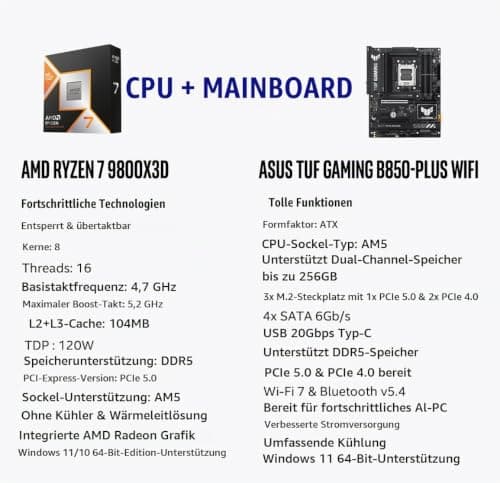 MICRO CENTER AMD Ryzen 7 9800X3D CPU Prozessor mit ASUS TUF Gaming B850-PLUS WiFi AM5 ATX Motherboard (DDR5, PCIe 5.0, 3X M.2, Wi-Fi 7, USB 20Gbps Type-C) AMD Ryzen 7 9800X3D+ASUS TUF Gaming B850-PL WiFi Bild 4