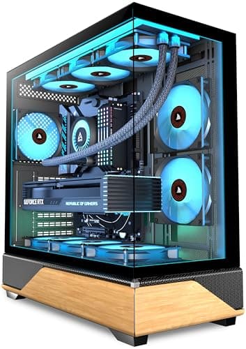 KEDIERS PC Gehäuse Vorinstallierter 5 × 120MM Schwarz Lüfter, ATX Mid Tower PC Gehäuse, Computergehäuse mit Panoramaaussicht Gehärtetes Glas Front Panel,Schwarz/Walnussholz,Neue P6-Version