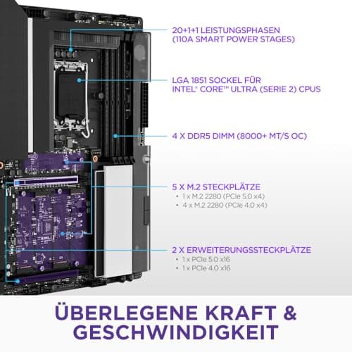 NZXT N9 Z890 - Intel Z890 LGA 1851 ATX Gaming-Mainboard für Core Ultra (Serie 2) - 20+1+1, DDR5, 5X M.2, PCIe 5.0, Wi-Fi 7, 5GbE, Thunderbolt 4 - RGB, Vollmetallabdeckung - Schwarz Intel Z890 Chipset N9 Schwarz Bild 4