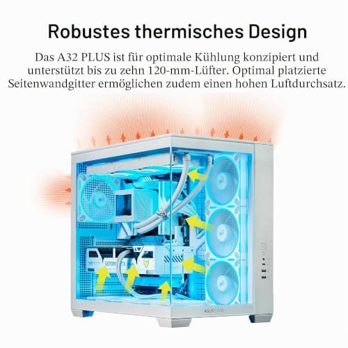 ASUS A32 Plus White ATX-PC Gehäuse (vorinstallierte ARGB-Lüfter, Panorama-Design, Frontpanel aus Glas, kompatibel mit 360-mm-Radiatoren und 420-mm-Grafikkarten, Frontpanel USB Typ-C, Weiß) Bild 6