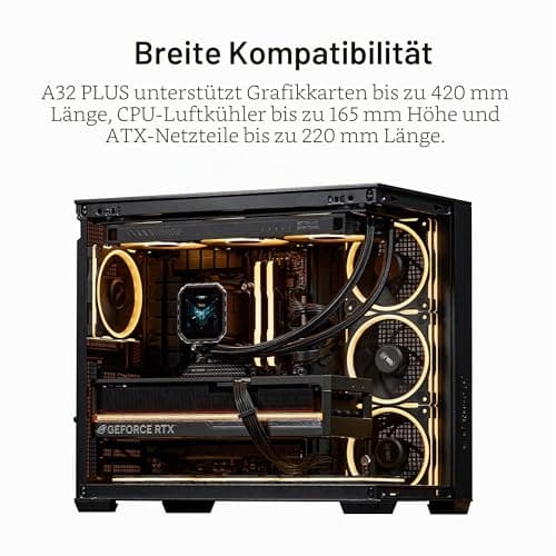 ASUS A32 Plus Black ATX-PC Gehäuse (vorinstallierte ARGB-Lüfter, Panorama-Design, Frontpanel aus Glas, kompatibel mit 360-mm-Radiatoren und 420-mm-Grafikkarten, Frontpanel USB Typ-C, Schwarz) Bild 8