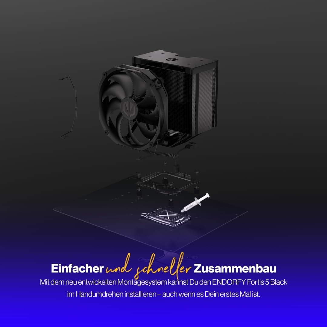 ENDORFY Fortis 5 Black CPU Kühler 140 mm PWM, schwarzer Prozessorkühler, leiser Tower Kühler, 6 Heatpipes, AM5 AM4 LGA1700 Intel AMD, 220W TDP Bild 3