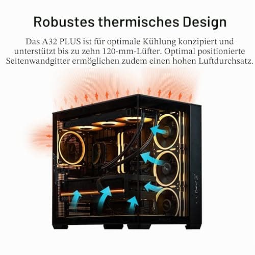ASUS A32 Plus Black ATX-PC Gehäuse (vorinstallierte ARGB-Lüfter, Panorama-Design, Frontpanel aus Glas, kompatibel mit 360-mm-Radiatoren und 420-mm-Grafikkarten, Frontpanel USB Typ-C, Schwarz) Bild 6