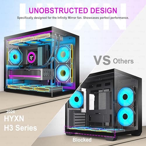 H3(2026) PC Gehäuse ATX – Vorinstalliert mit 6 Infinity Mirror PWM ARGB-Lüftern, Kompakter ATX Dual Kammer Mid Tower Gaming PC Gehäuse, 360MM Rad Unterstützung,mit Type-C 3.2 (Schwarz) Bild 8