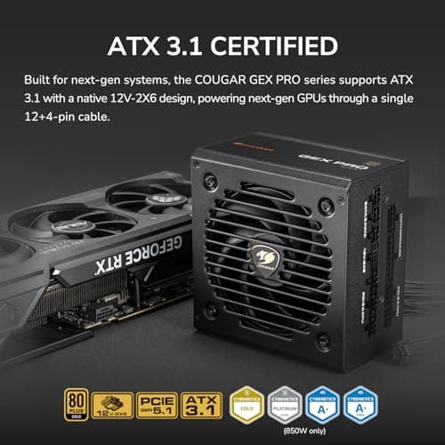 Cougar GEX PRO 750 Vollmodulares Netzteil: PCI Express 5.1, 12+4-poliger Stecker, 80 Plus Gold Zertifiziert, langlebiger HDB-Lüfter, hydrodynamisches Lager, ATX 3.1 Zertifiziert, weniger Lärm Bild 4