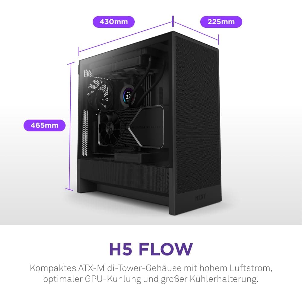 NZXT H5 Flow - Compact ATX Mid-Tower PC Gaming Case - High Airflow - 2 x 120mm Fans Included - 360mm Front & 240mm Top Radiator Support - Cable Management System - Tempered Glass - Black Flow Schwarz Bild 3