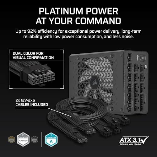 CORSAIR HX1200i (2025) Vollständig Modulares, Ultra-Rauscharmes ATX-Netzteil mit 12V-2x6-Kabel – ATX 3.1 & PCIe 5.1 konform, Cybenetics Platinum Wirkungsgrad – Schwarz Bild 8