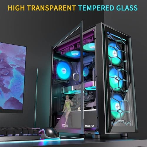 MUSETEX PC Gehäuse ATX, 6 PWM ARGB Lüfter vorinstalliert ATX Gehäuse, Computergehäuse mit zu öffnender Hartglastür, Mid Tower Gaming PC Gehäuse, USB 3.0 x 2, Schwarz, G07 Bild 8