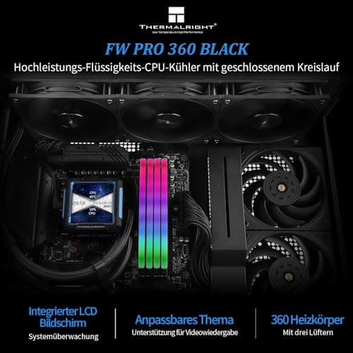 Thermalright FW PRO 360 Schwarz-360mm AIO CPU-Flüssigkeitskühler, 2.73 zoll IPS LCD-Bildschirm mit 320 * 320 Auflösung, für AM4/AM5/Intel LGA1700/1851/115X/1200 FW PRO 360 BLACK Bild 4