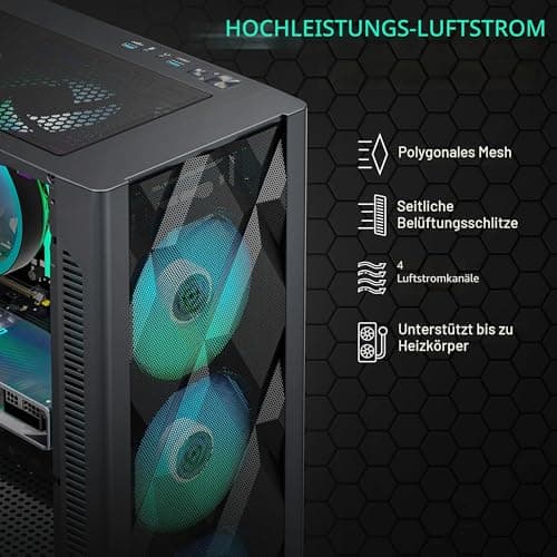 MUSETEX ATX PC Gehäuse Pre-Install 6 PWM ARGB Lüfter, Polygonal Mesh Computer Gaming Gehäuse, Öffnung gehärtetes Glas Seitenwand Mid-Tower Gehäuse, USB 3.0 x 2, Schwarz, NN8 Bild 6