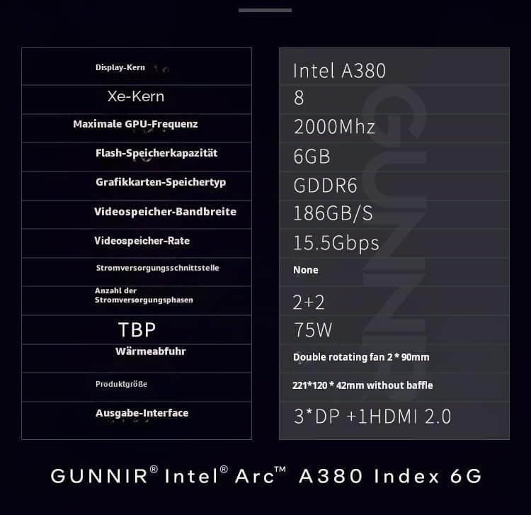 WEELIAO GUNNIR Intel Arc A380 Index 6GB GDDR6 2000MHz Dual Fan Grafikkarte (96-Bit, PCIe 4.0, HDMI/DisplayPort, unterstützt 4k) Bild 4