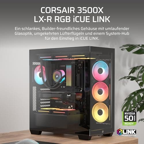 CORSAIR 3500X LX-R RGB iCUE LINK Panoramaglas Mid-Tower-PC-Gehäuse – 3 x LX120-R RGB-Lüfter und iCUE LINK System Hub Inklusive, GPU-Anti-Sag-Arm, Platz für bis zu 10 x 120-mm-Lüfter – Schwarz Bild 3