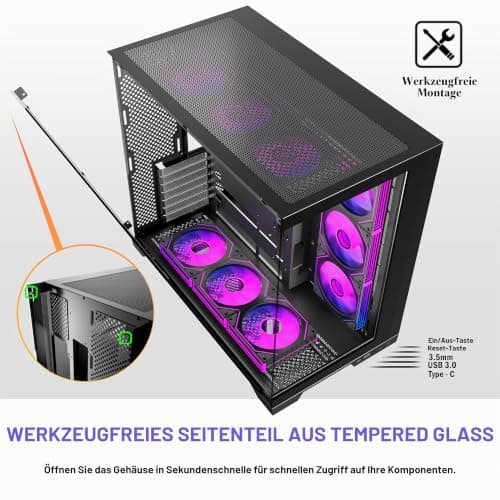 KEDIERS PC Gehäuse Vorinstallierter 5 × 120MM Schwarz Lüfter, ATX Mid Tower PC Gehäuse, Computergehäuse mit Panoramaaussicht Gehärtetes Glas Front Panel,Schwarz/Walnussholz,Neue P6-Version Bild 8