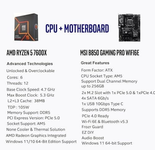 MICRO CENTER AMD Ryzen 5 7600X CPU Prozessor mit MSI B850 Gaming PRO WIFI6E Motherboard (ATX, AM5, DDR5, M.2 Gen5, Wi-Fi 6E) AMD Ryzen 5 7600X + MSI B850 Gaming Pro WIFI6E Bild 4