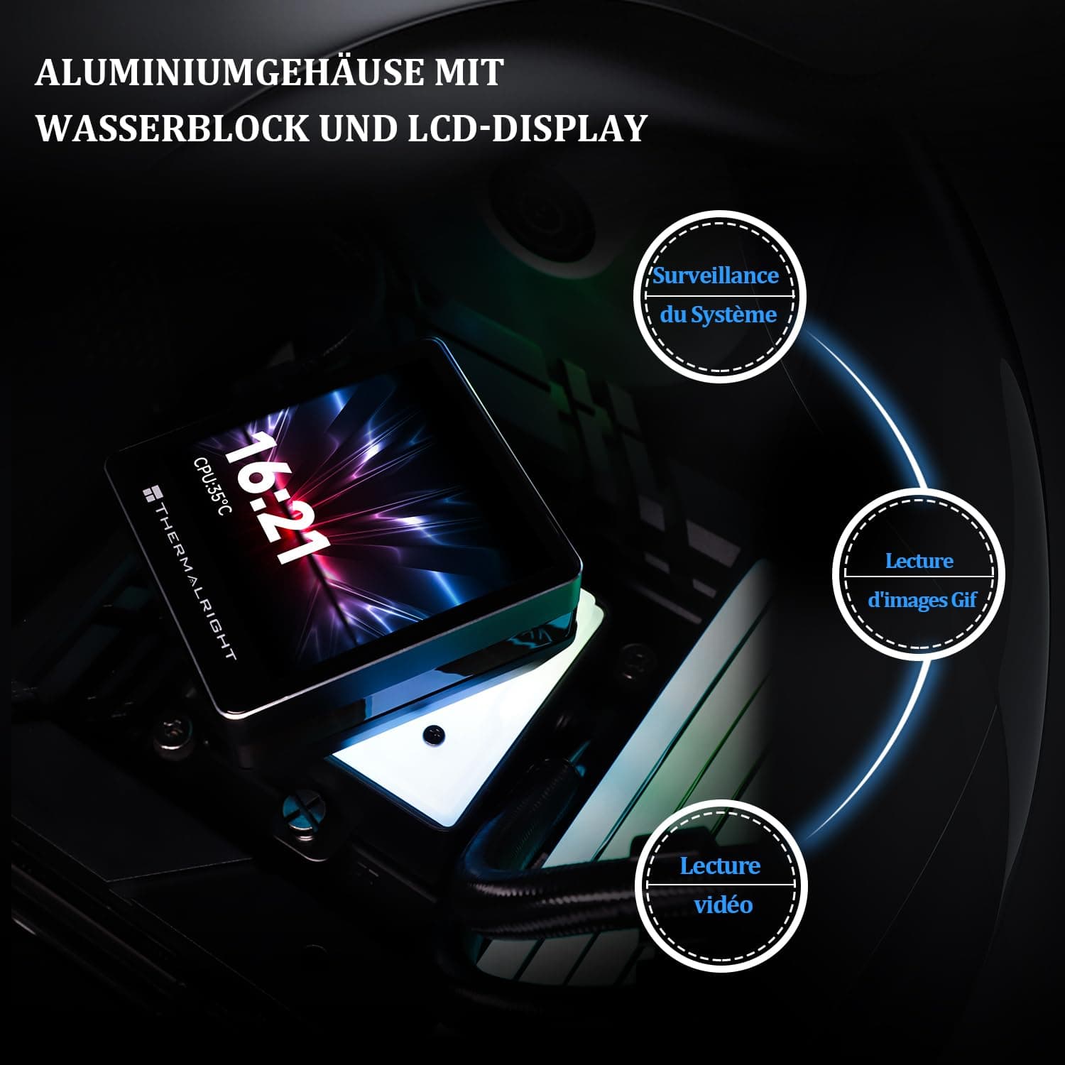 TR Grand Vision 240 ARGB Black AIO CPU Liquid Cooler, IPS LCD Screen mit 480 x 480 Auflösung, für AM5/LGA1851/1700, 3,4 Zoll (8,9 cm), magnetisch-absorbierender LCD-Bildschirm für Bilder – lackiert Bild 7
