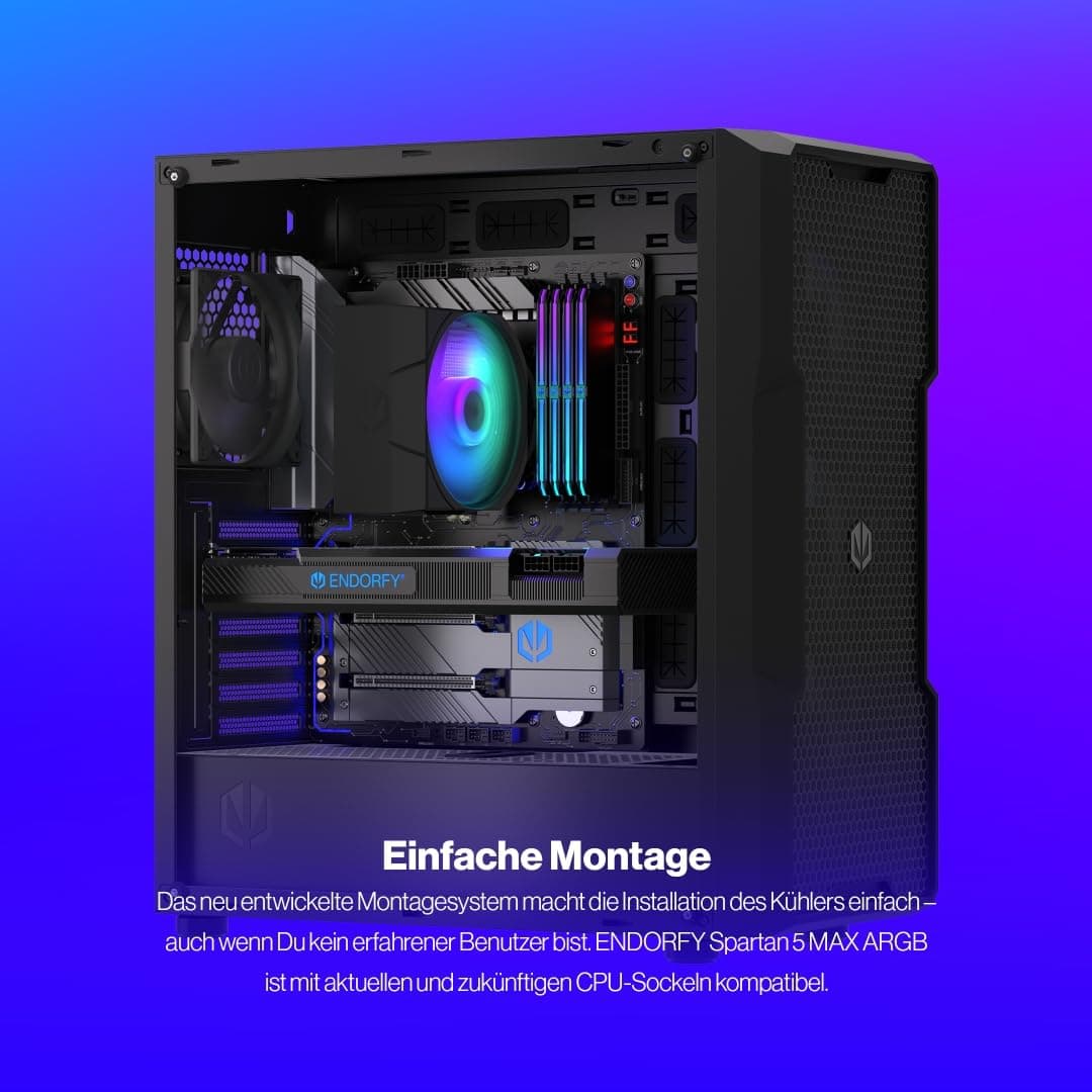 ENDORFY Spartan 5 MAX ARGB CPU Kühler 120 mm PWM, Prozessorkühler, leiser Tower Kühler, 4 Heatpipes, ARGB LED, AM5 AM4 LGA1700 Intel AMD, 180W TDP, Wärmeleitpaste enthalten Bild 7
