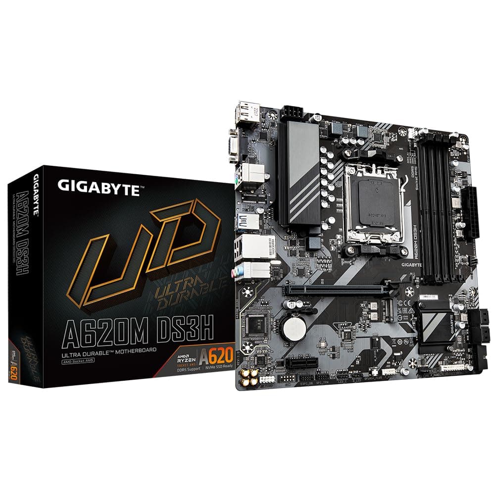 GIGABYTE A620M DS3H Motherboard - Unterstützt AMD Ryzen 8000 CPUs, 5+2+2 Phasen Digital VRM, bis zu 7600MHz DDR5 (OC), 1xPCIe 4.0 M.2, GbE LAN, USB 3.2 Gen 1 Bild 2