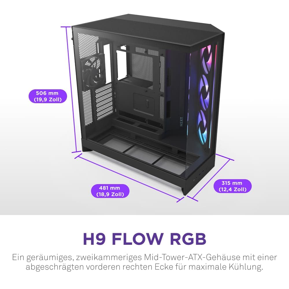 NZXT H9 Flow RGB (2025) – Großes Dual-Kammer ATX Mid-Tower Airflow PC-Gehäuse – Enthält 1 x 420mm RGB-Lüftereinheit & 1 x 120mm Lüfter – 420mm Radiatorunterstützung – Gehärtetes Glas – Schwarz Schwarz Flow RGB Bild 3