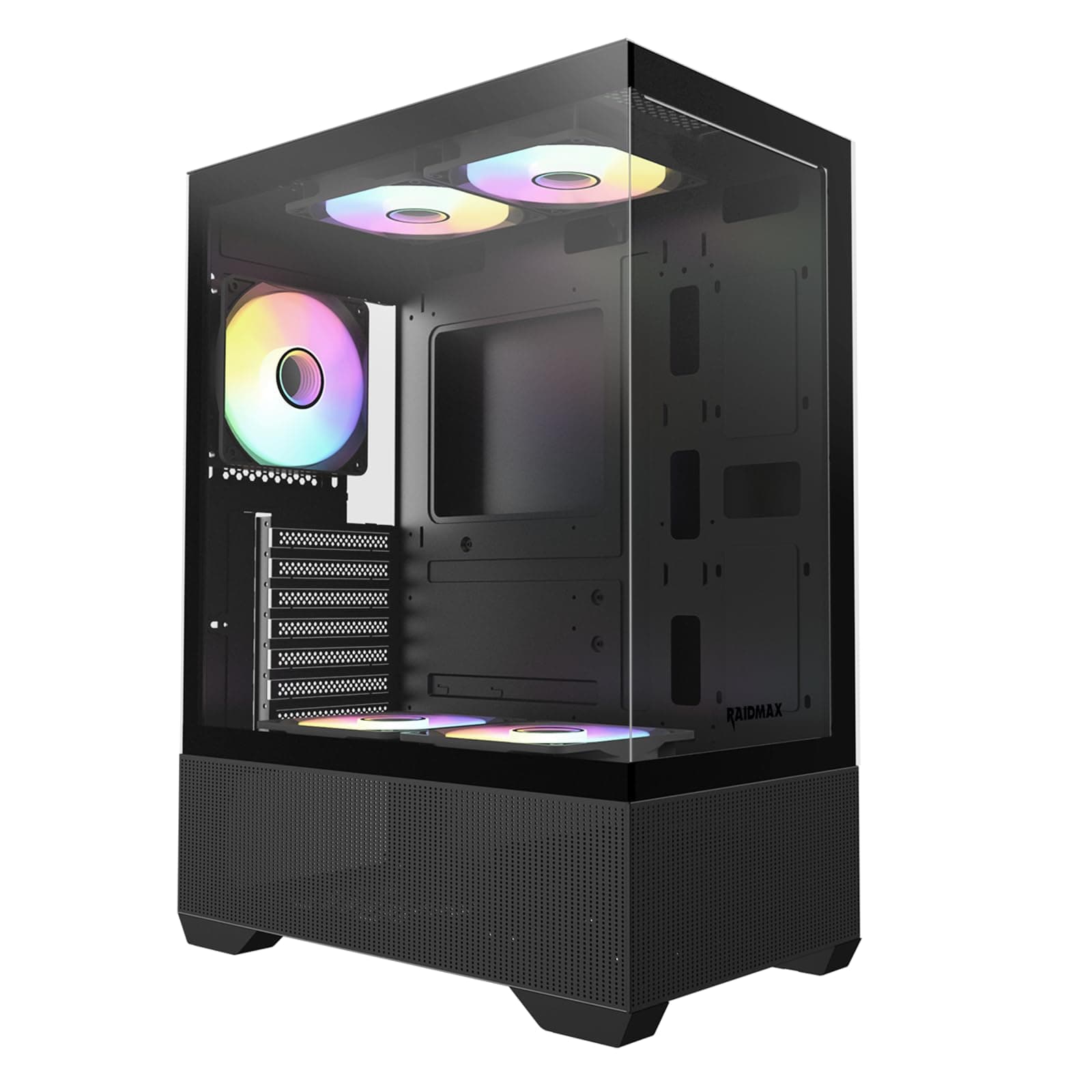 Raidmax I802 Mesh Air Flow Kompaktes Panorama-ATX-Mid-Tower-Gehäuse – 270°-Sicht gehärtetes Glas, 5 x vorinstallierte 120 mm statische RGB-Farblüfter, unterstützt ATX/Micro-ATX-Motherboards, max. 340 Bild 3