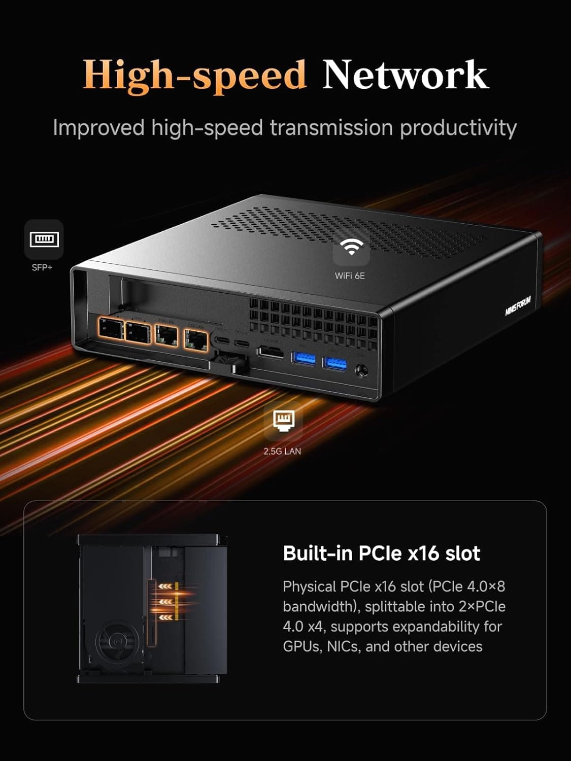MINIS FORUM MS-A2 Mini Workstation,AMD Ryzen 7 7745HX 8C/16T bis zu 5,1 GHz/AMD Radeon 610M,Barebone ohne DDR5/SSD/OS,HDMI/USB-C x 2/2,5G RJ45 x 2/10G SFP+ x 2, PCIEx16,3xM.2 2280/U.2/22110 NVME SSD MS-A2 7745HX Barebone Bild 5